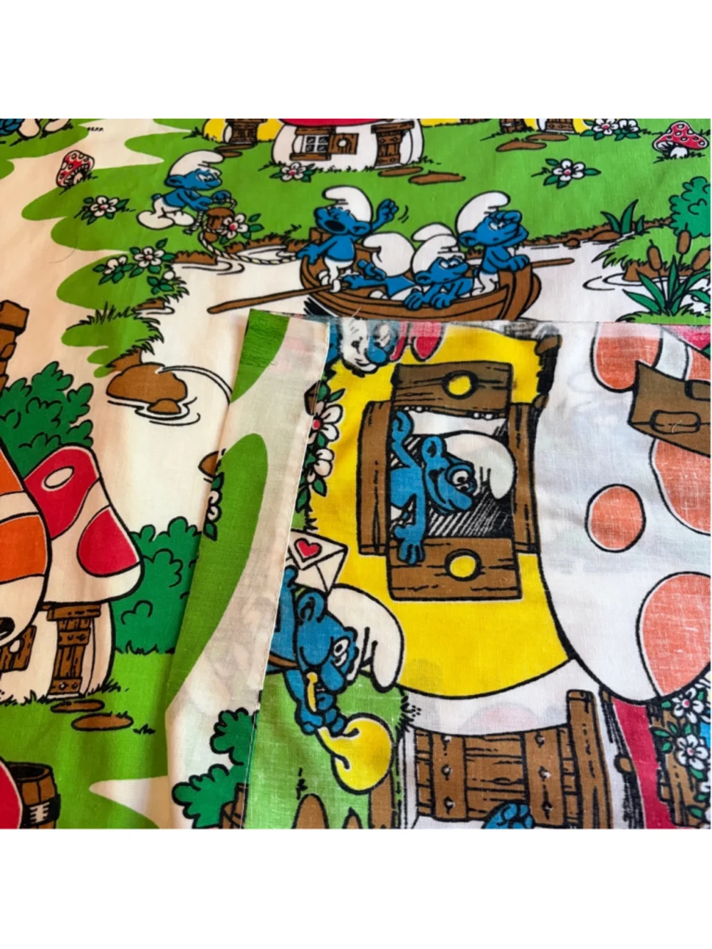 Vintage Smurfs Double Flat Bed Sheet Gargamel Smurfette Papa White Green Fabric